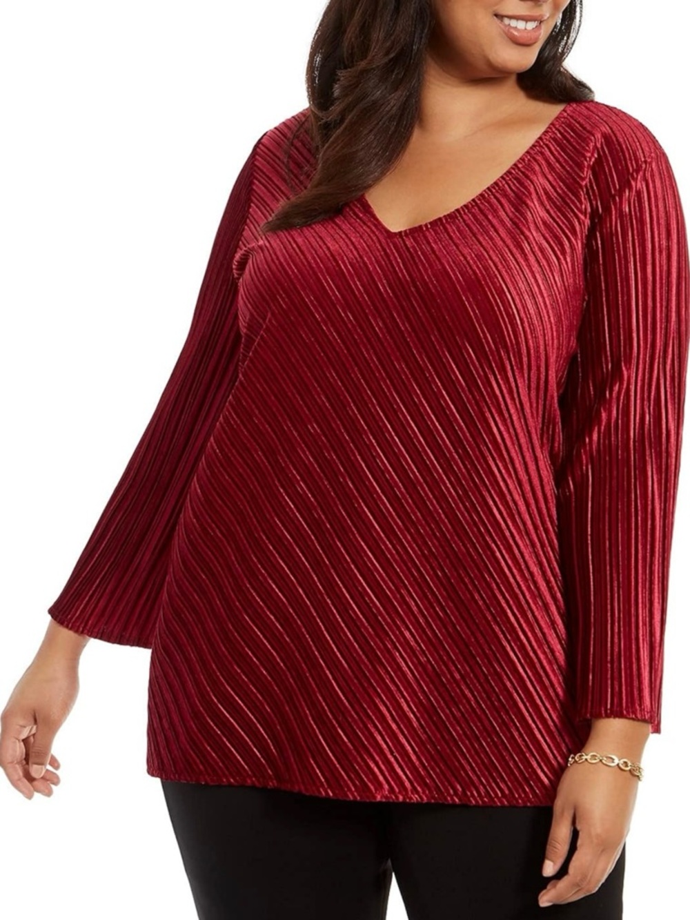 NWT Alfani Women's Deep Wine V-Neck Pleated Velvet Top